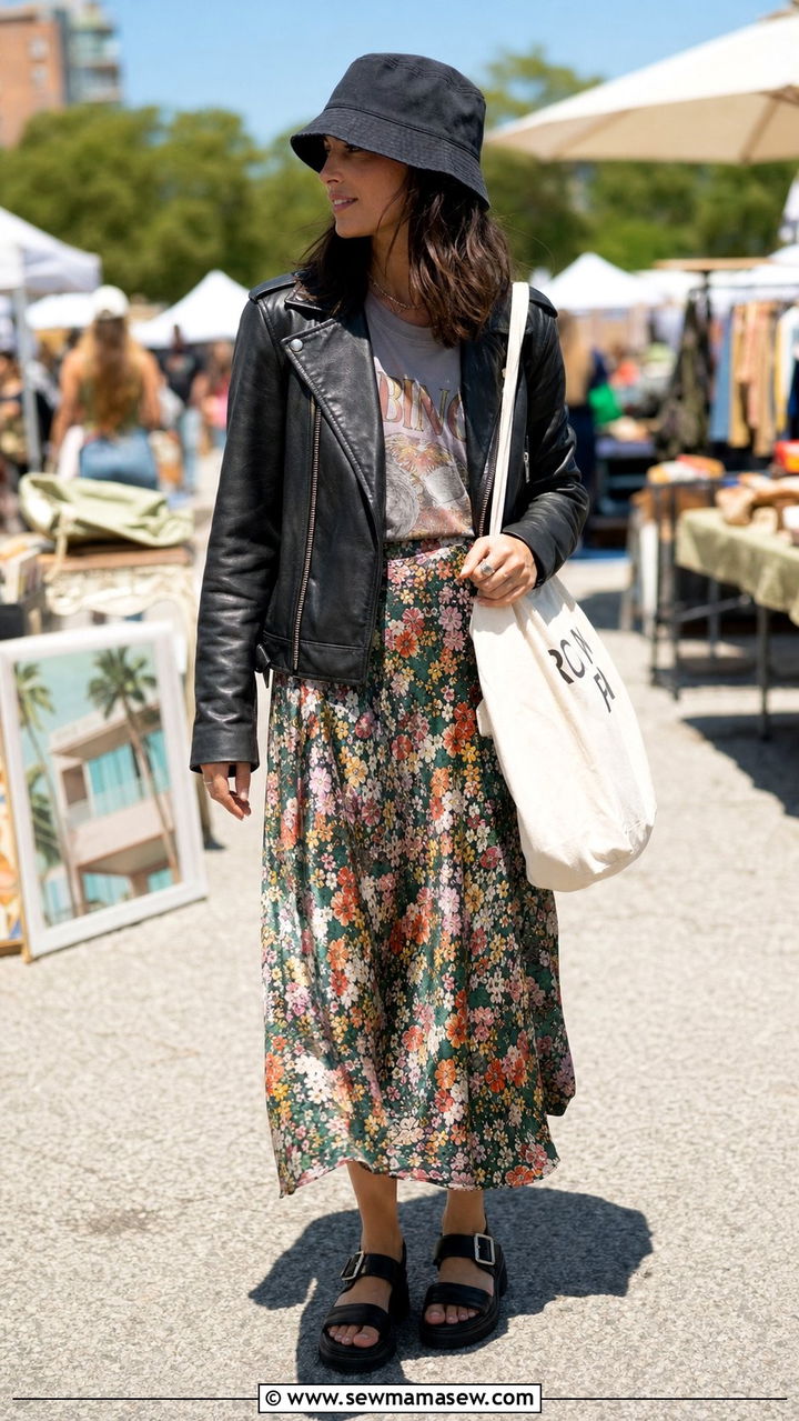 Leather Jacket with a Printed Skirt and Graphic Tee - 25 Summer outfits with leather jackets