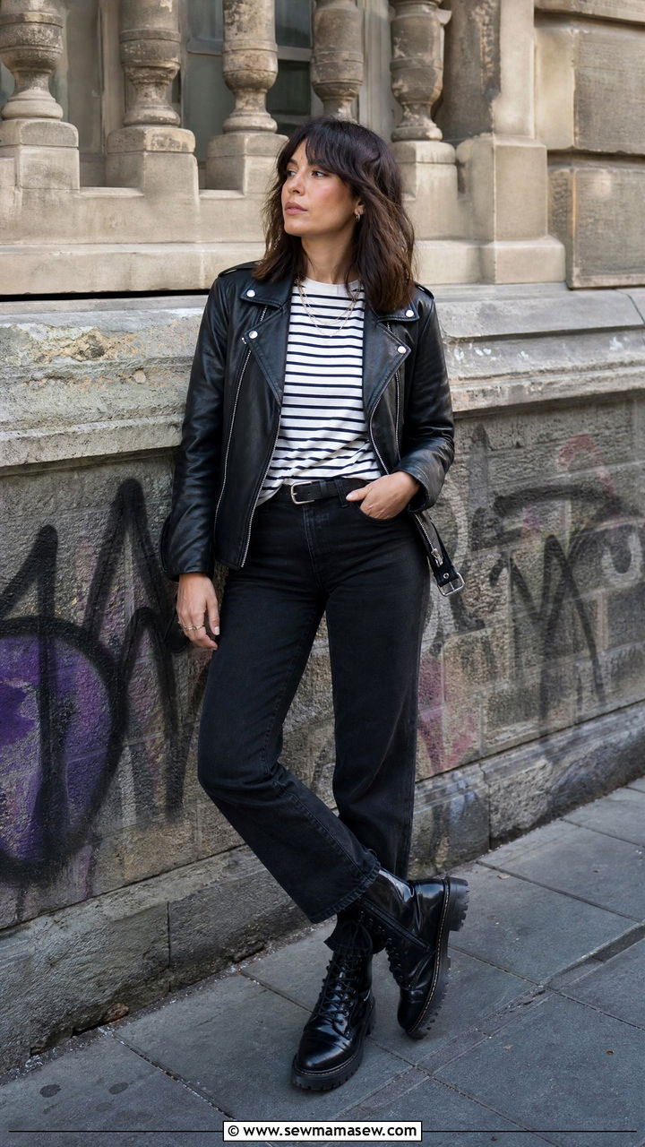 Leather Jacket with a Striped Tee Black Jeans and Combat Boots - 25 Brussels outfit ideas