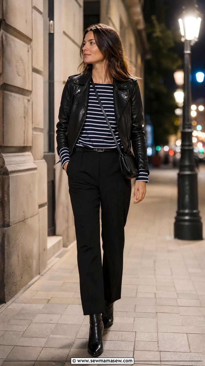 Leather Jacket with a Striped Tee and Trousers - 20 Spring outfits for 60 degree weather