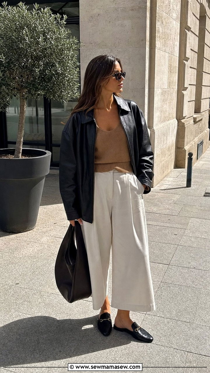 Leather Jacket with a Sweater Tank and Culottes - 25 Summer outfits with leather jackets