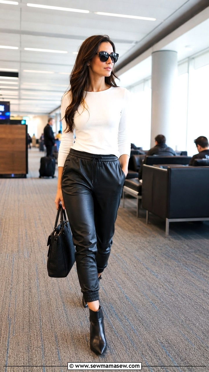 Leather Joggers With Ankle Boots and a Fitted White Tee - 30 Leather pants outfit ideas with boots
