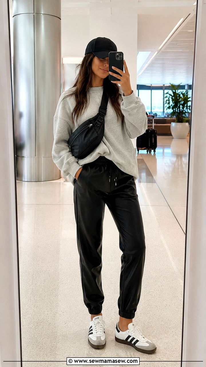 Leather Joggers With Crewneck Sweatshirt and Retro Sneakers - 30 Leather pants outfit ideas with sneakers
