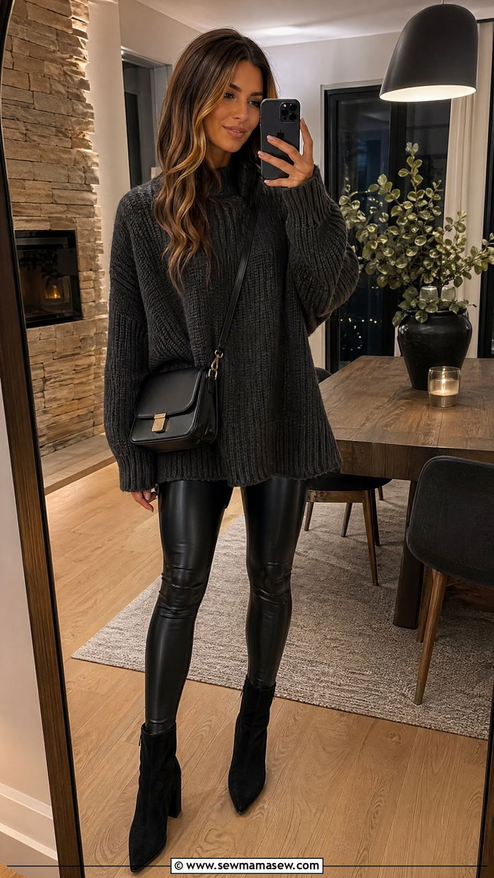Leather Leggings with Chunky Knit Sweater and Ankle Boots - 35 dinner outfit ideas for women