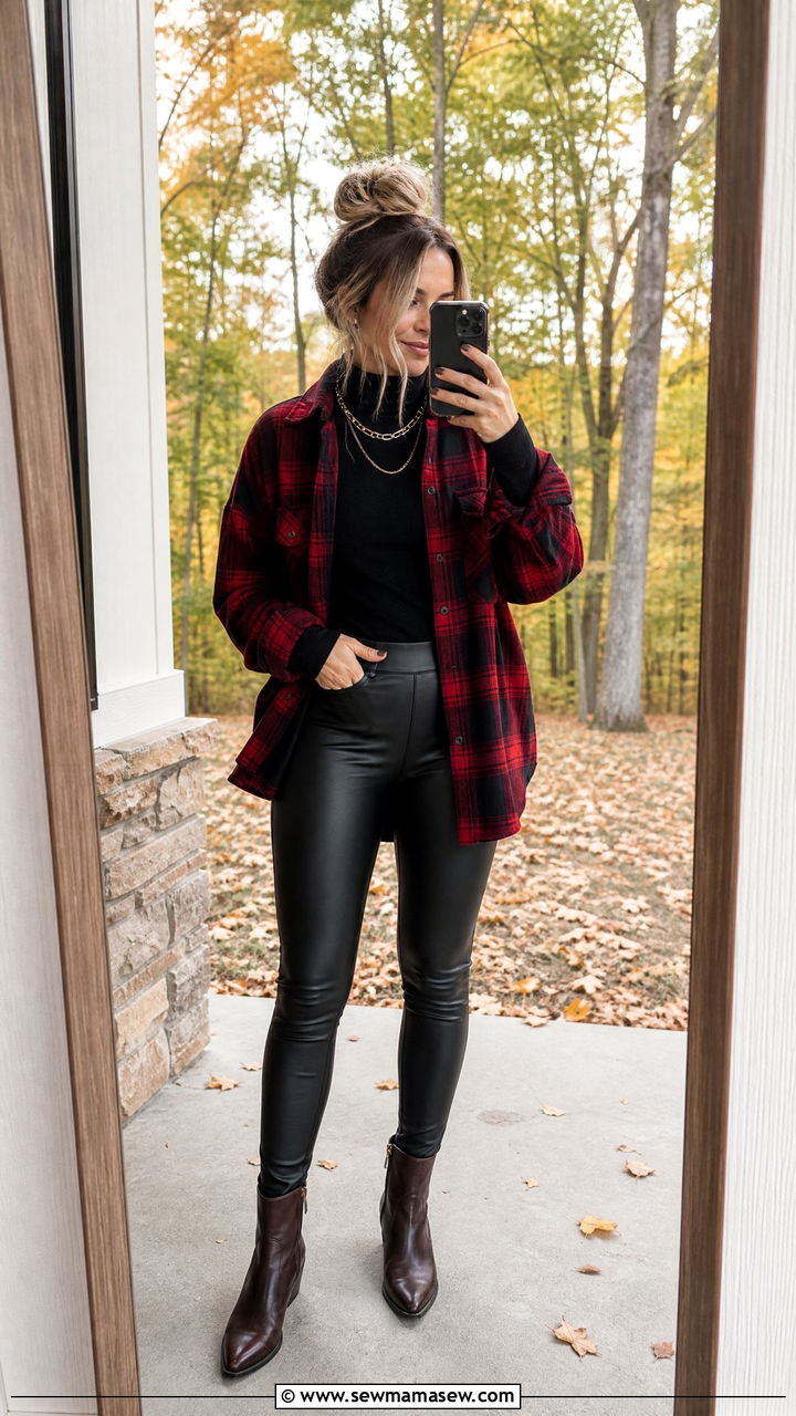 Leather Leggings with Plaid Shacket and Ankle Boots - 20 Western outfit ideas with leather leggings