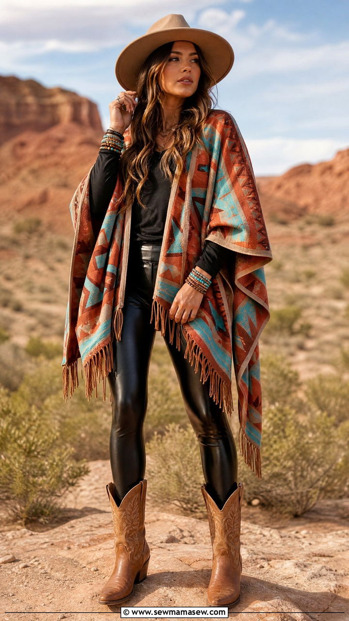 Leather Leggings with Southwestern Poncho and Cowboy Boots - 20 Western outfit ideas with leather leggings