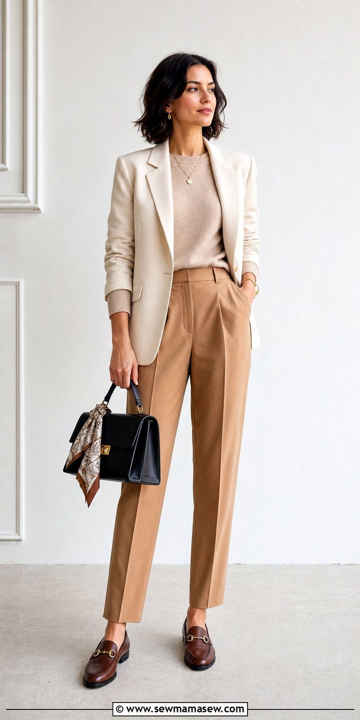 Leather Loafers and Full Neutral Look - 25 Stealth wealth outfit ideas for women over 40