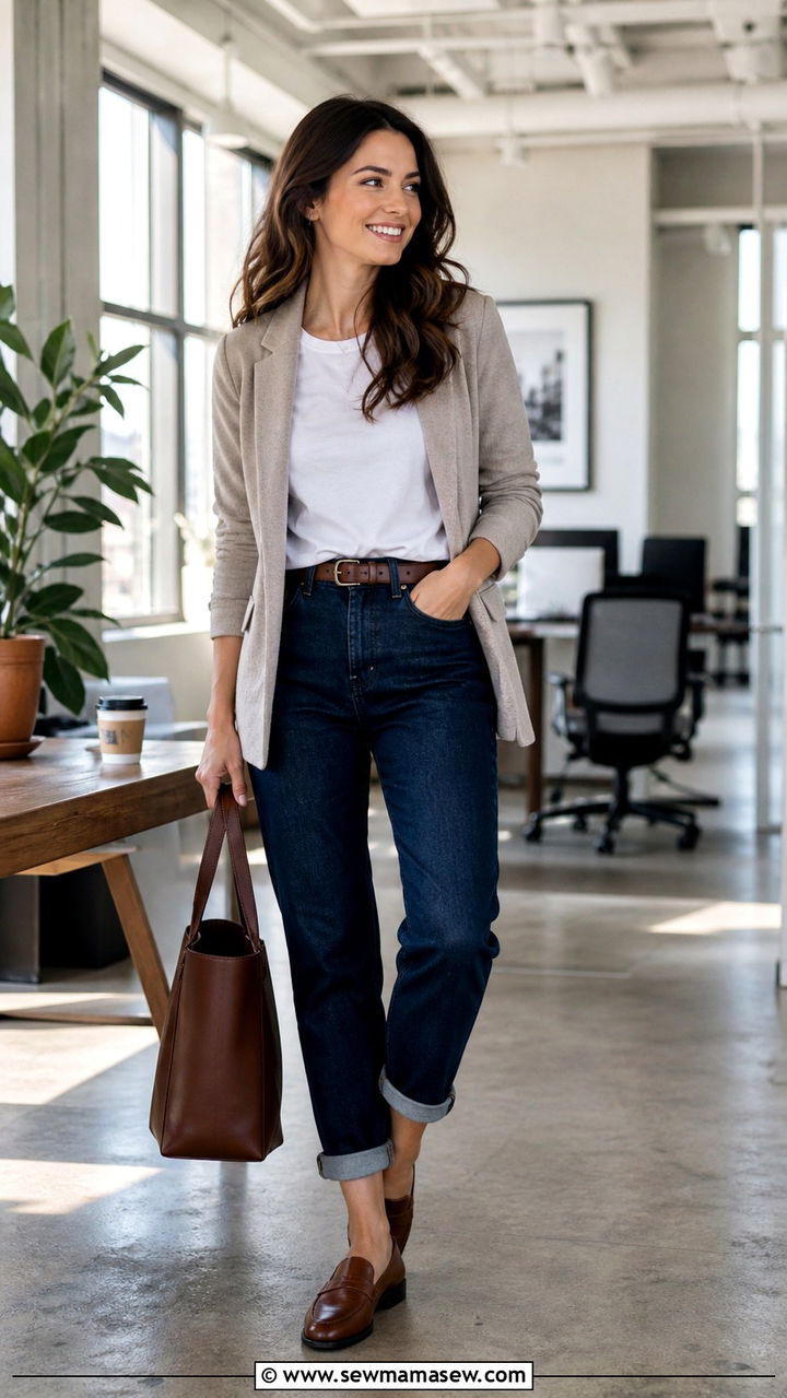 Leather Loafers with Cuffed Jeans and a Knit Blazer - 40 business casual outfits for women