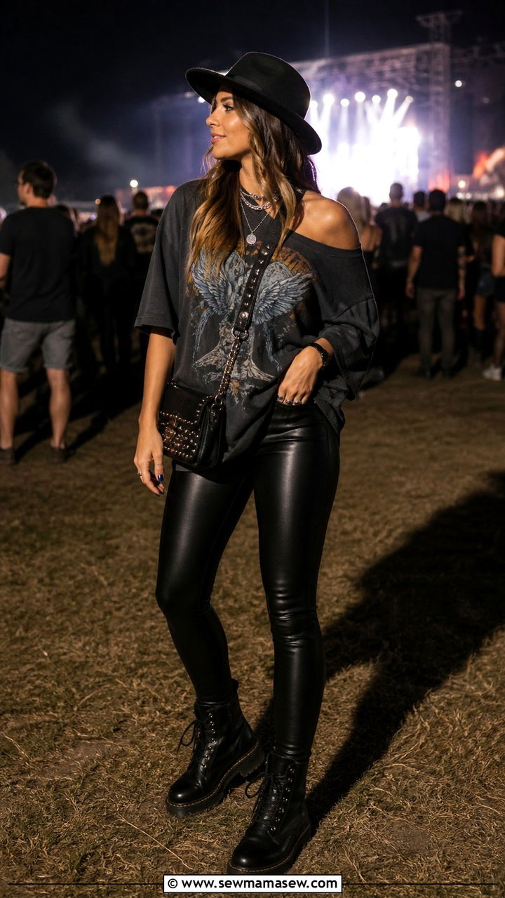 Leather Look Leggings With Oversized Band Tee - 40 Summer festival outfits