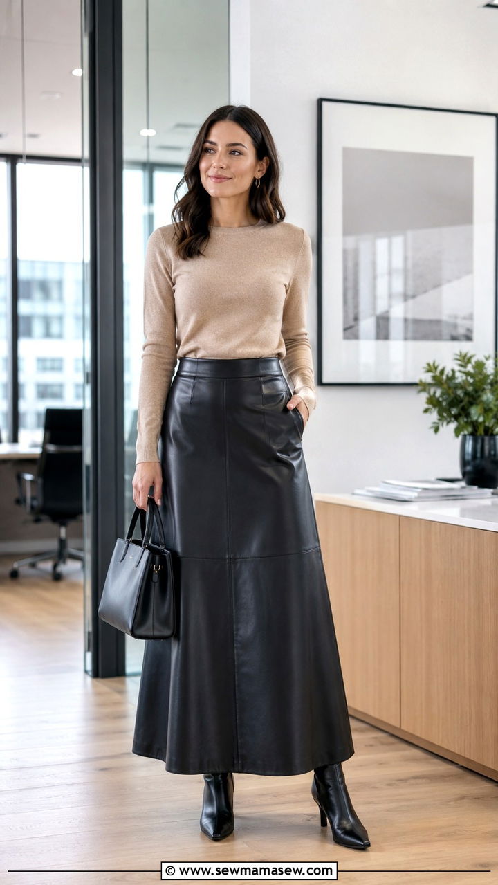 Leather Maxi Skirt With Fine Knit Top - 30 Maxi skirt outfit ideas for work