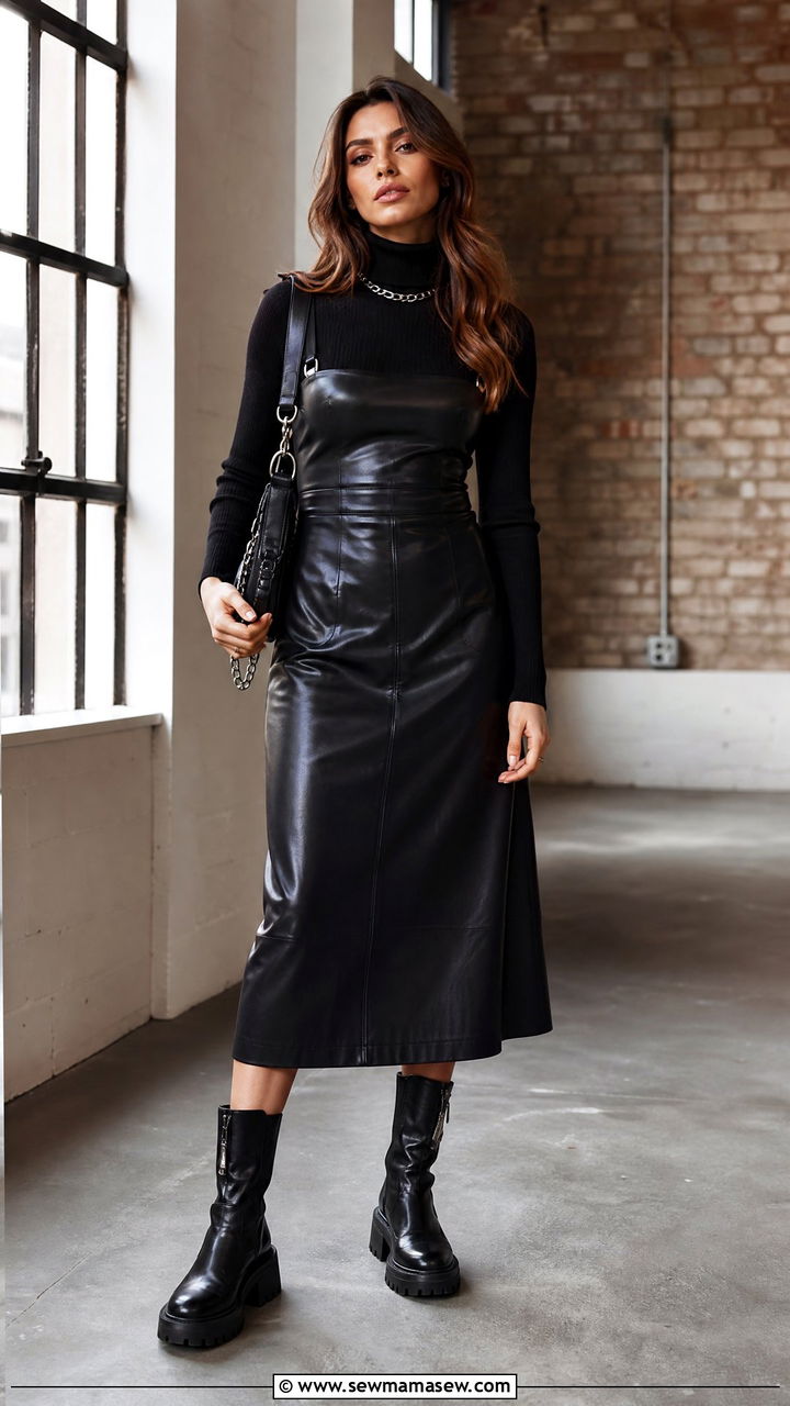 Leather Midi Dress With Biker Boots - 30 Midi dress outfit ideas with boots