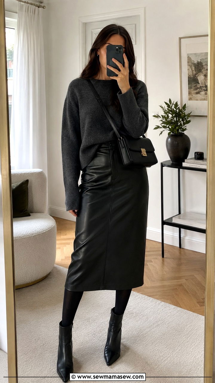 Leather Midi Skirt With Cashmere Sweater Classy Outfit - 30 classy outfits to copy