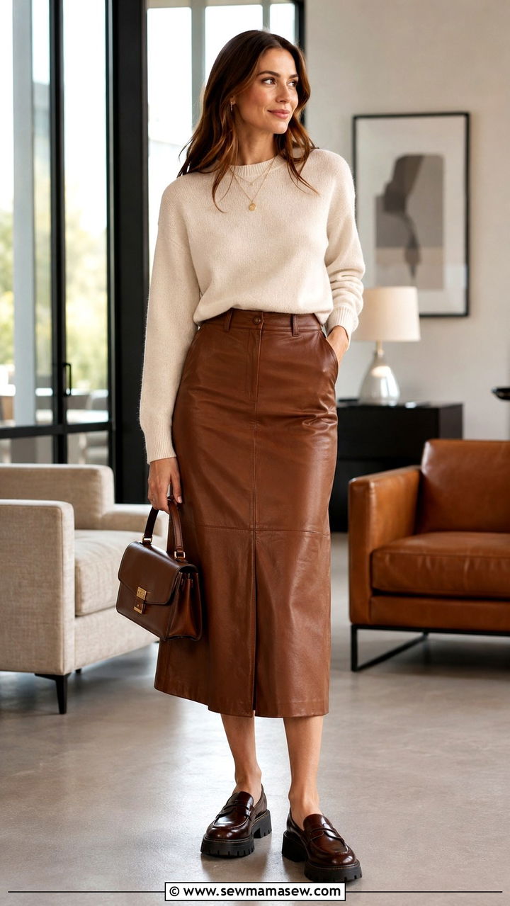 Leather Midi Skirt With Cashmere Sweater and Loafers - 30 transitional business casual outfits
