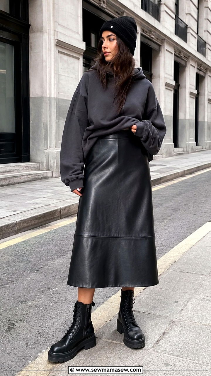 Leather Midi Skirt With Combat Boots - 30 Midi skirt outfit ideas with boots