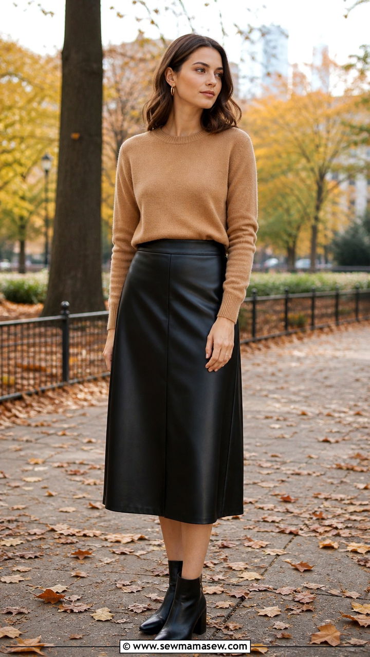 Leather Midi Skirt With Knit Sweater - 20 35 year old woman outfit ideas
