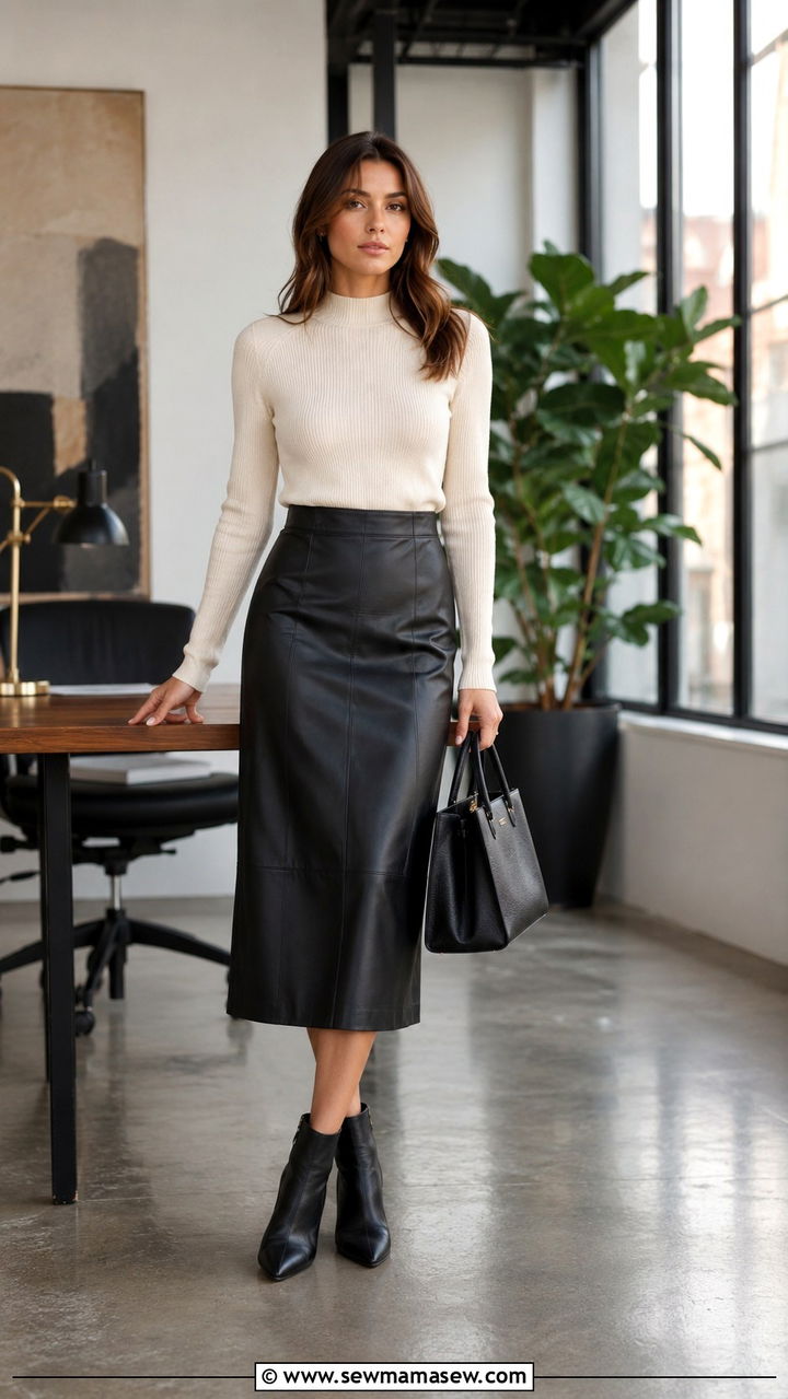 Leather Midi Skirt With Knitted Top - 30 Office outfits with midi skirt