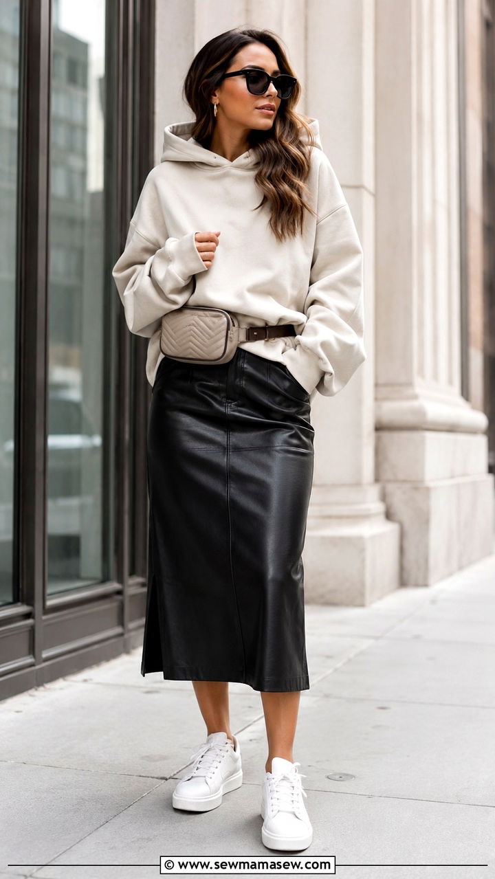 Leather Midi Skirt With Oversized Hoodie And White Trainers - 25 White sneakers outfit ideas with a skirt