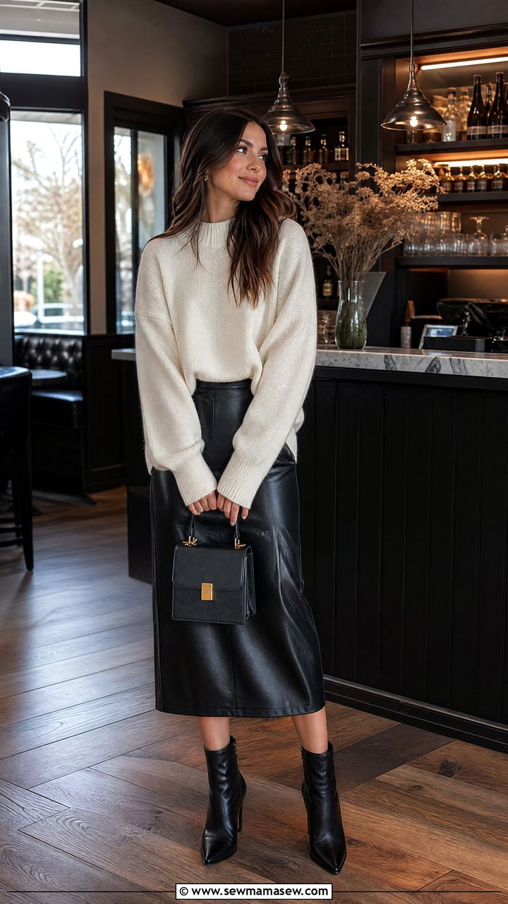 Leather Midi Skirt With Oversized Sweater - 30 Cute brunch outfits