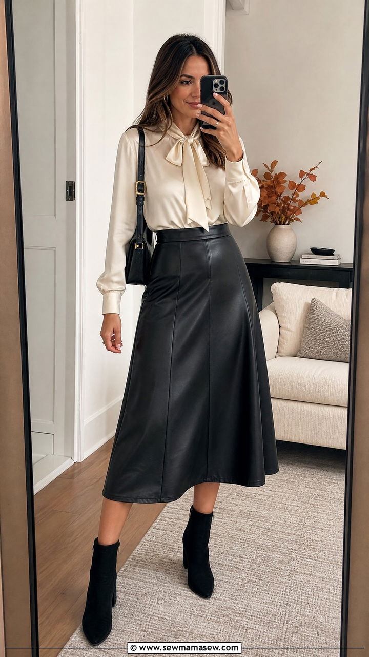 Leather Midi Skirt With a Blouse and Ankle Boots - 30 business casual outfits 2026