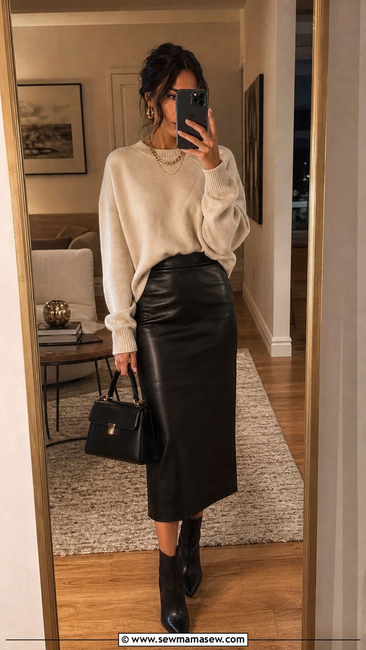 Leather Midi Skirt with Cashmere Sweater - 20 10 year reunion outfit ideas