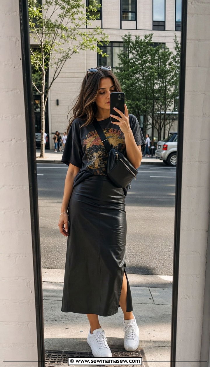 Leather Midi Skirt with Graphic Tee and Sneakers - 35 casual midi skirt outfits