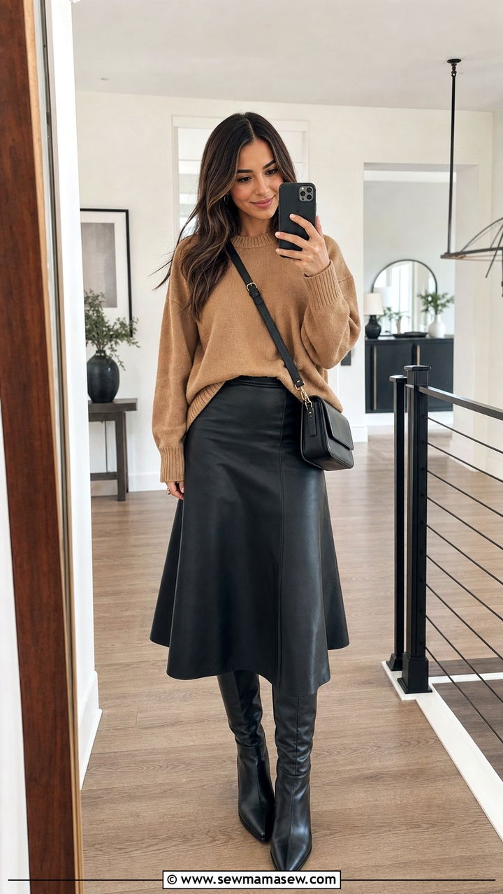 Leather Midi Skirt with Knit Top and Knee High Boots - 35 casual midi skirt outfits