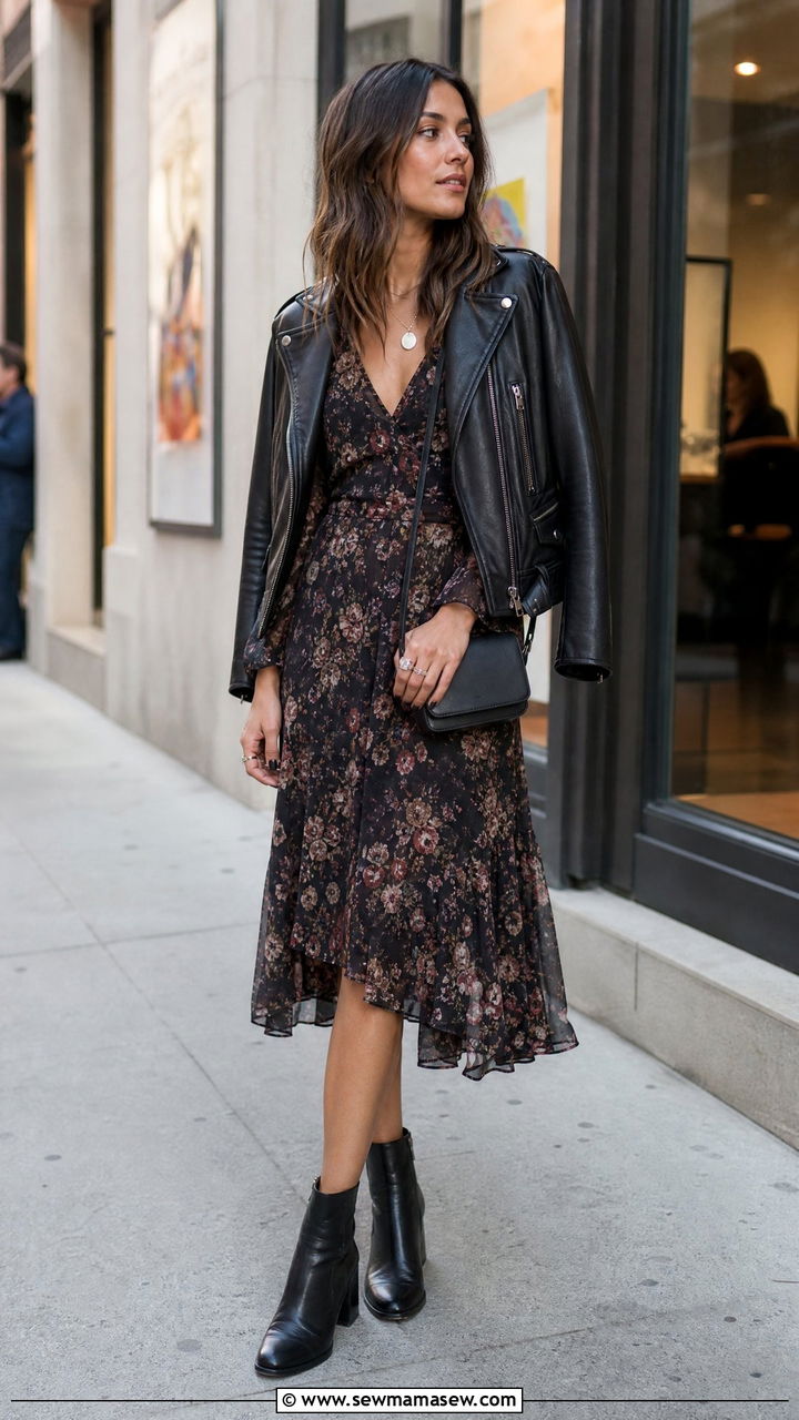 Leather Moto Jacket And Dark Floral Midi Dress - 25 Indie girl outfit ideas 2026