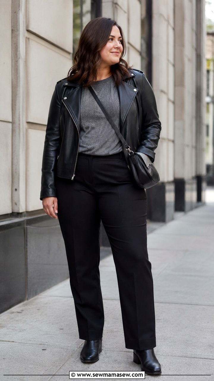 Leather Moto Jacket And Tailored Black Trousers - 30 Minimalist outfits for curvy women