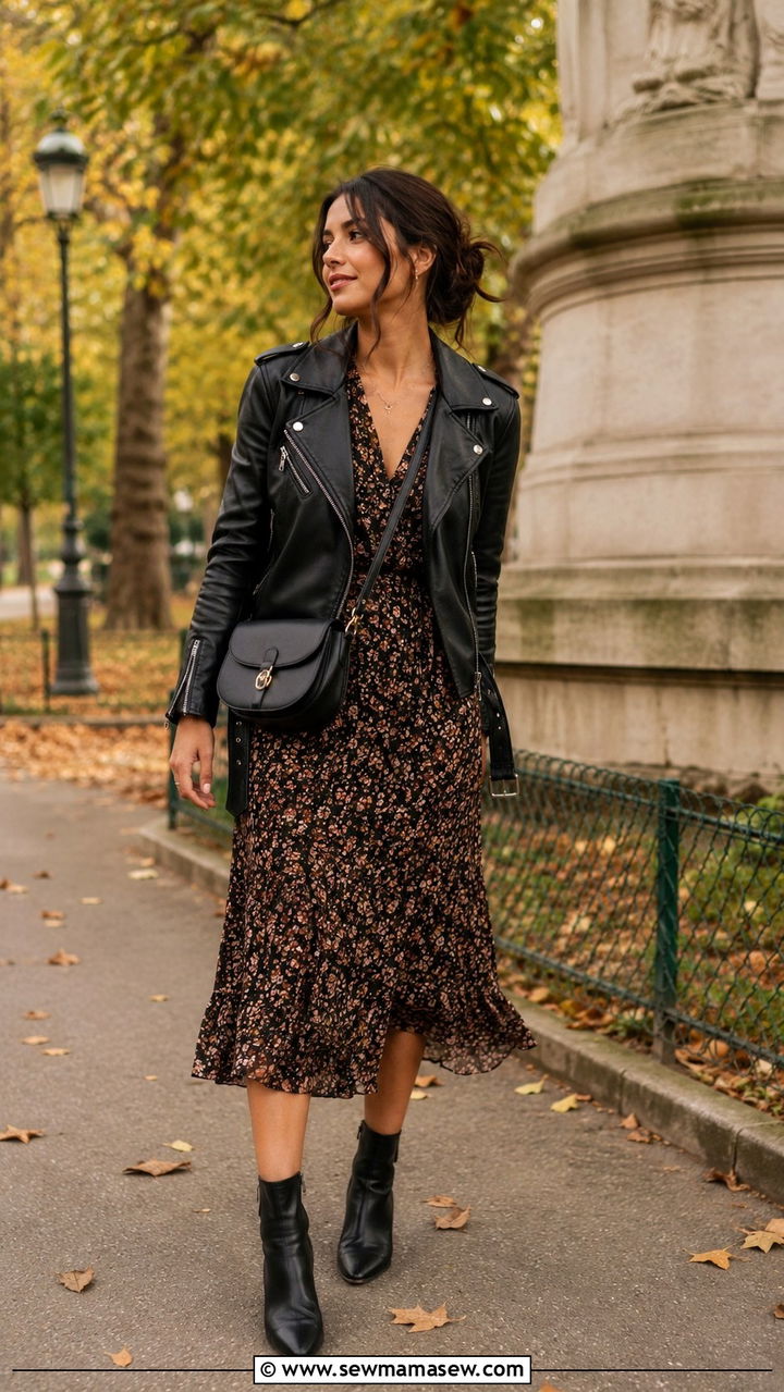 Leather Moto Jacket Over A Floral Dress - 30 classy parisian outfit ideas
