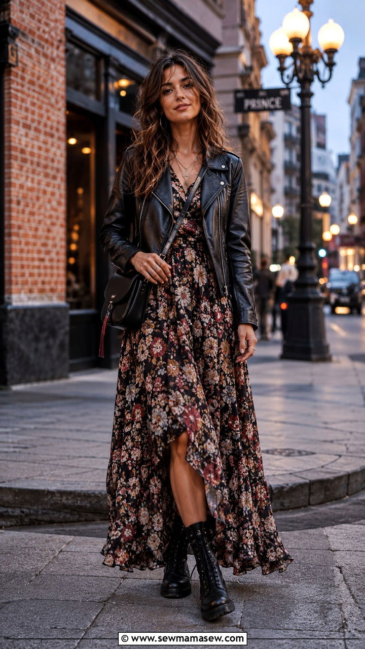 Leather Moto Jacket Over Floral Maxi Dress - 25 boho chic outfits to copy