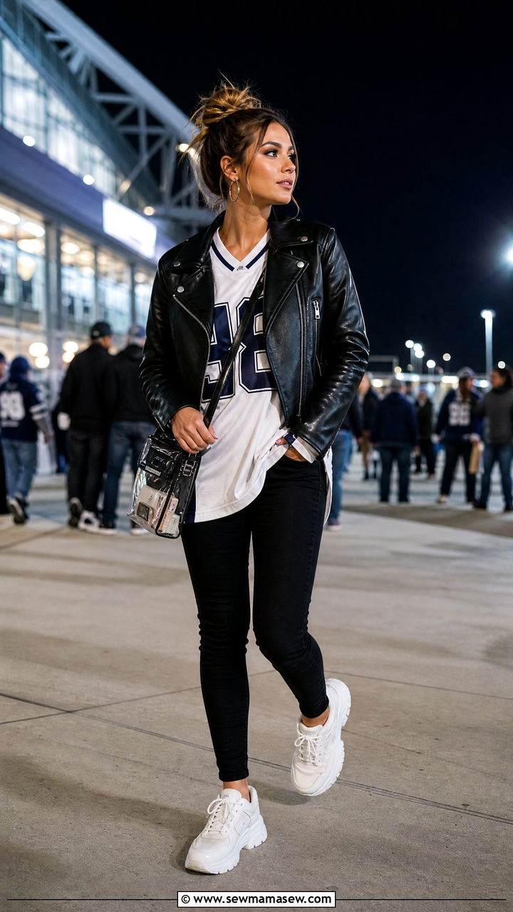 Leather Moto Jacket Over Team Jersey With Black Jeans - 35 Gameday outfit ideas 2026