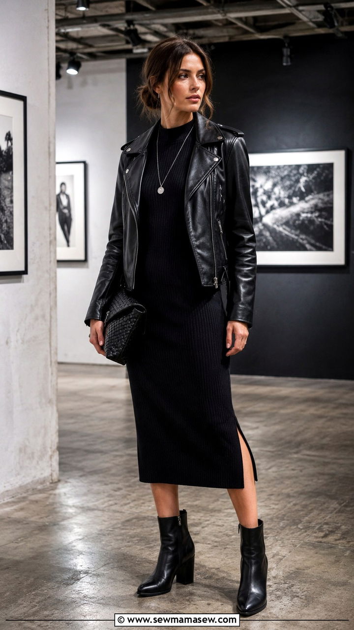 Leather Moto Jacket Over a Black Midi Dress With Ankle Boots - 20 Photography exhibit outfit ideas