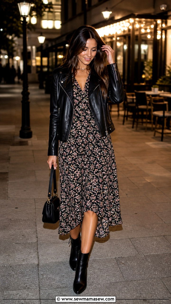 Leather Moto Jacket Over a Flowy Midi Dress - 40 spring aesthetic outfit ideas