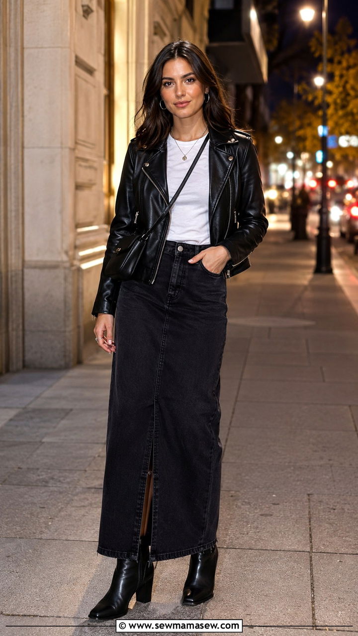 Leather Moto Jacket White Tee and Ankle Boots With a Black Denim Maxi Skirt - 30 denim maxi skirt outfit ideas