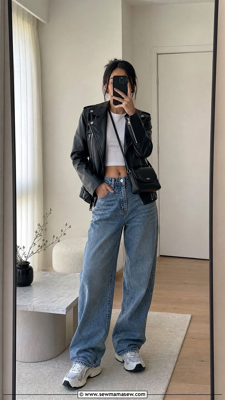 Leather Moto Jacket With Baggy Jeans And A Fitted Crop Top - 30 streetwear outfits ideas