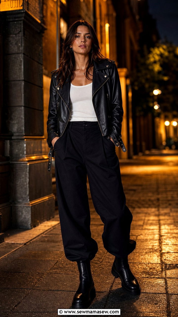 Leather Moto Jacket With Black Balloon Pants Outfit - 35 balloon pants outfits ideas