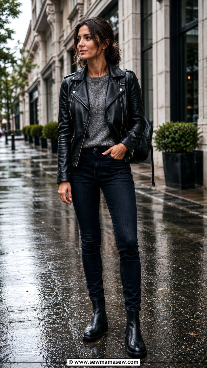 Leather Moto Jacket With Dark Jeans and Chelsea Boots - 25 rainy day outfits trends
