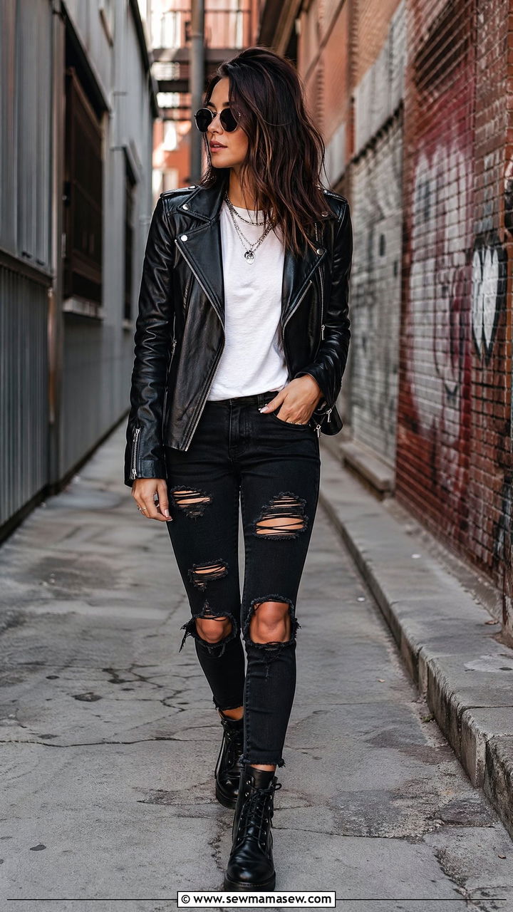 Leather Moto Jacket With Distressed Jeans - 35 Distressed jeans outfit ideas