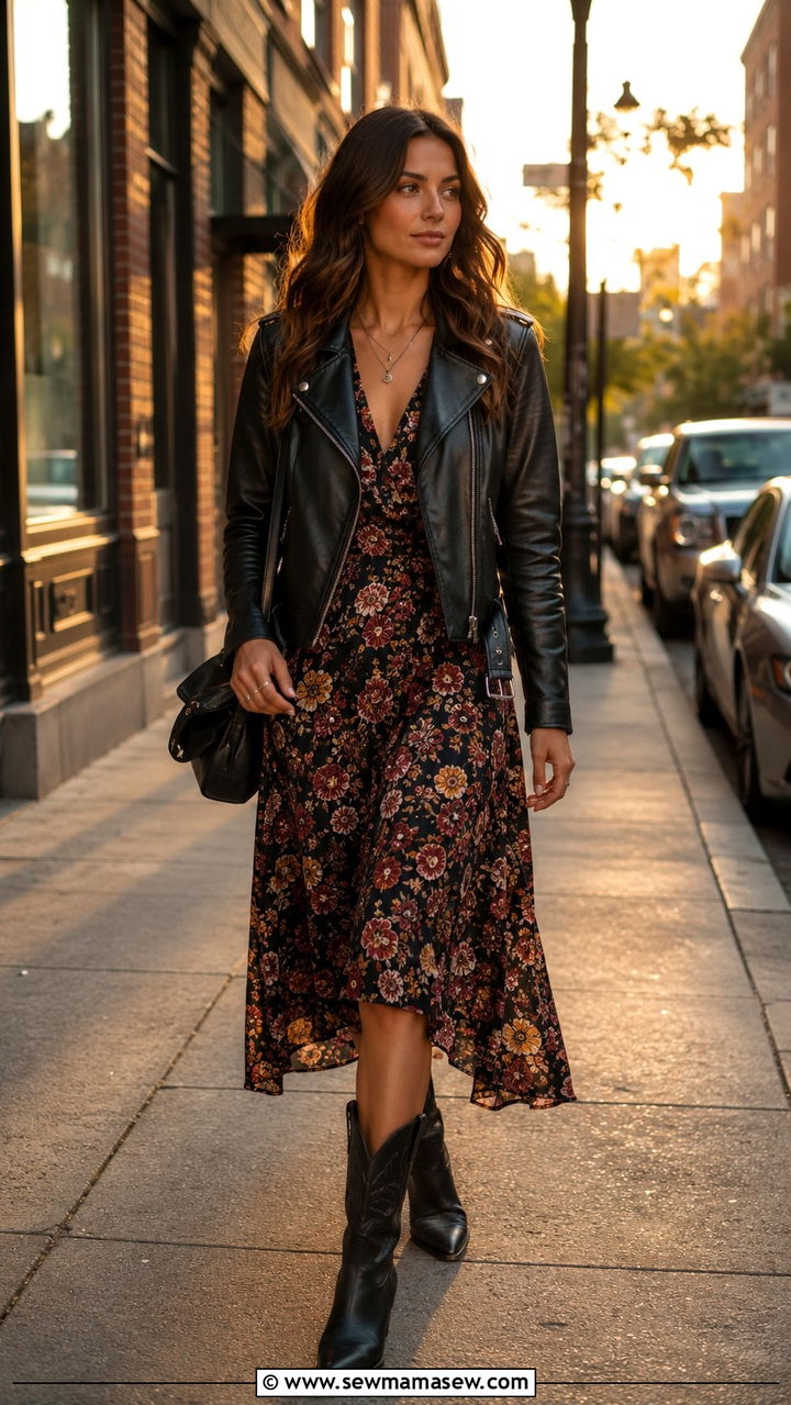 Leather Moto Jacket With Floral Dress And Cowboy Boots - 30 transitional western outfit ideas