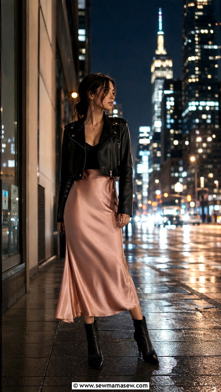 Leather Moto Jacket With Midi Slip Skirt - 30 Petite aesthetic outfit ideas