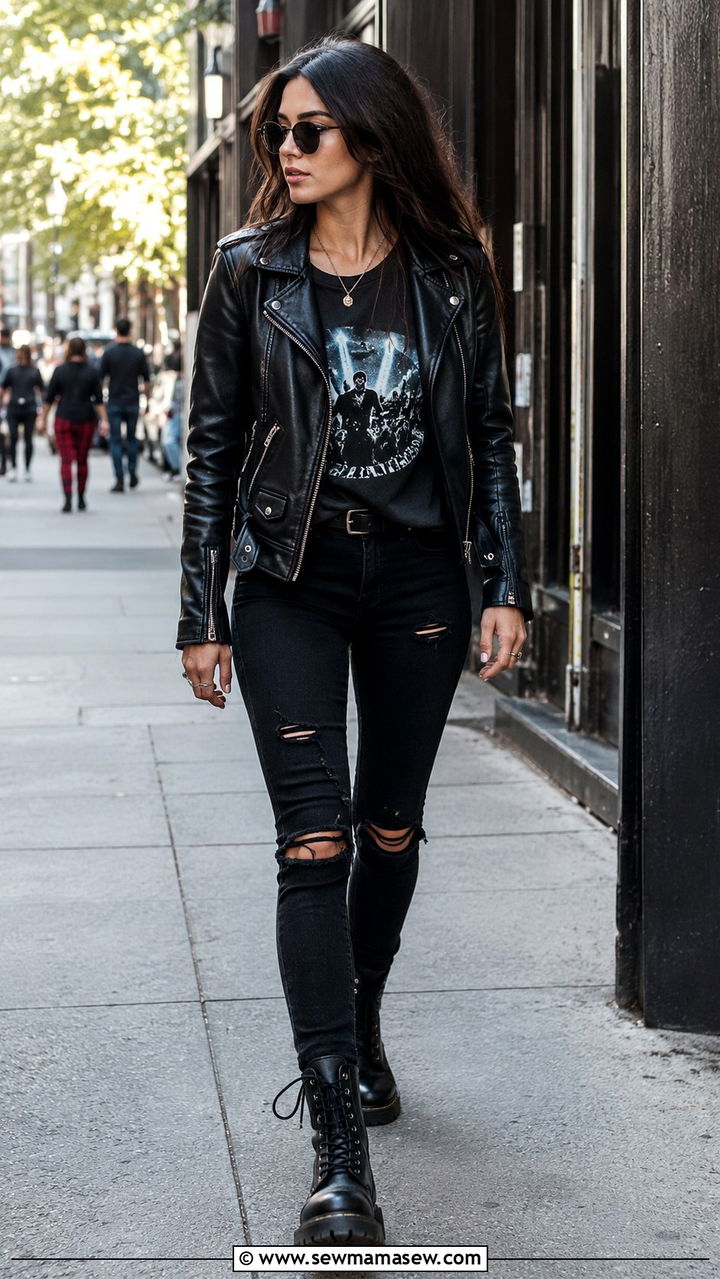 Leather Moto Jacket With Ripped Black Jeans - 30 edgy outfits for women