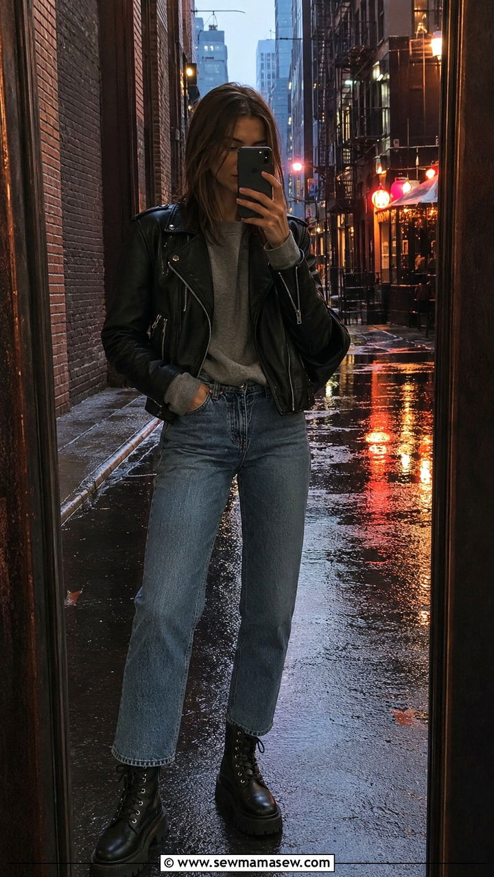 Leather Moto Jacket With Straight Leg Jeans And Combat Boots - 30 Rainy day travel outfit ideas