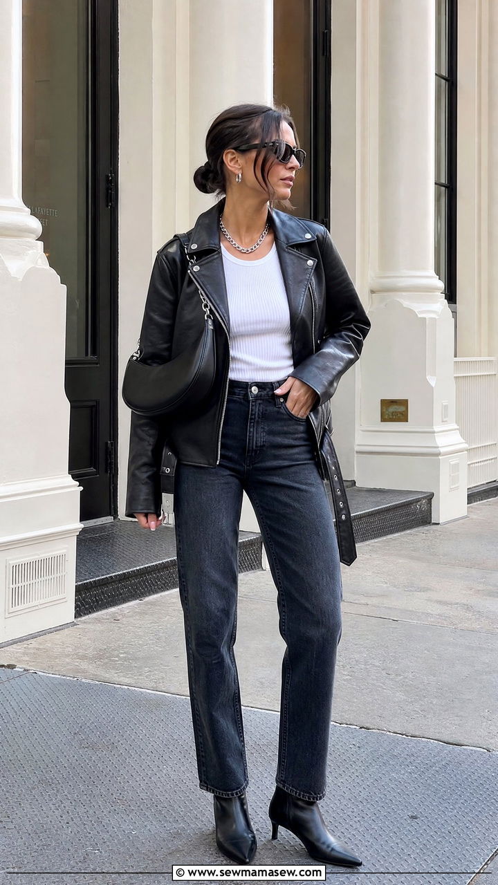 Leather Moto Jacket With Straight Leg Jeans - 25 jacket outfits aesthetic