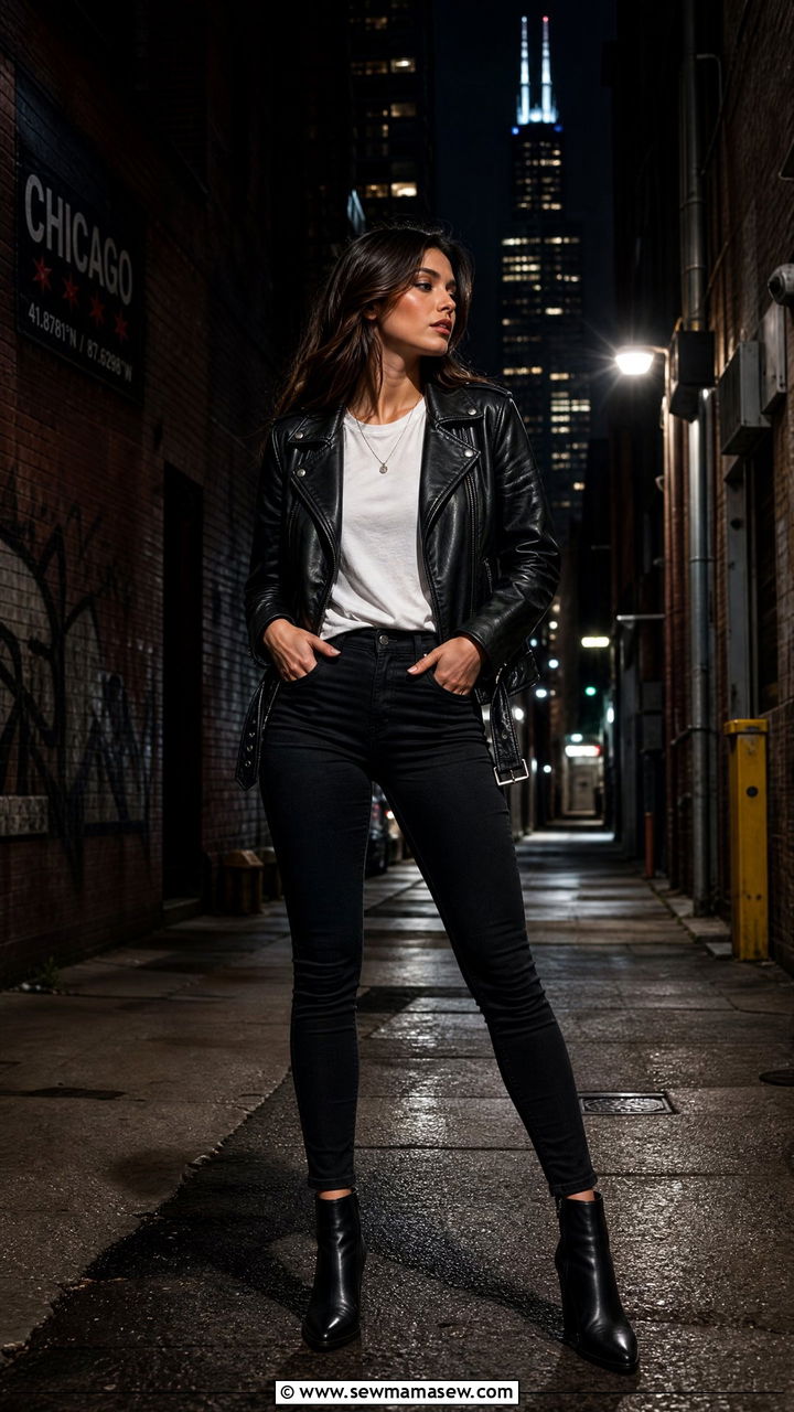 Leather Moto Jacket With White Tee and Black Skinny Jeans - 25 Chicago outfit ideas
