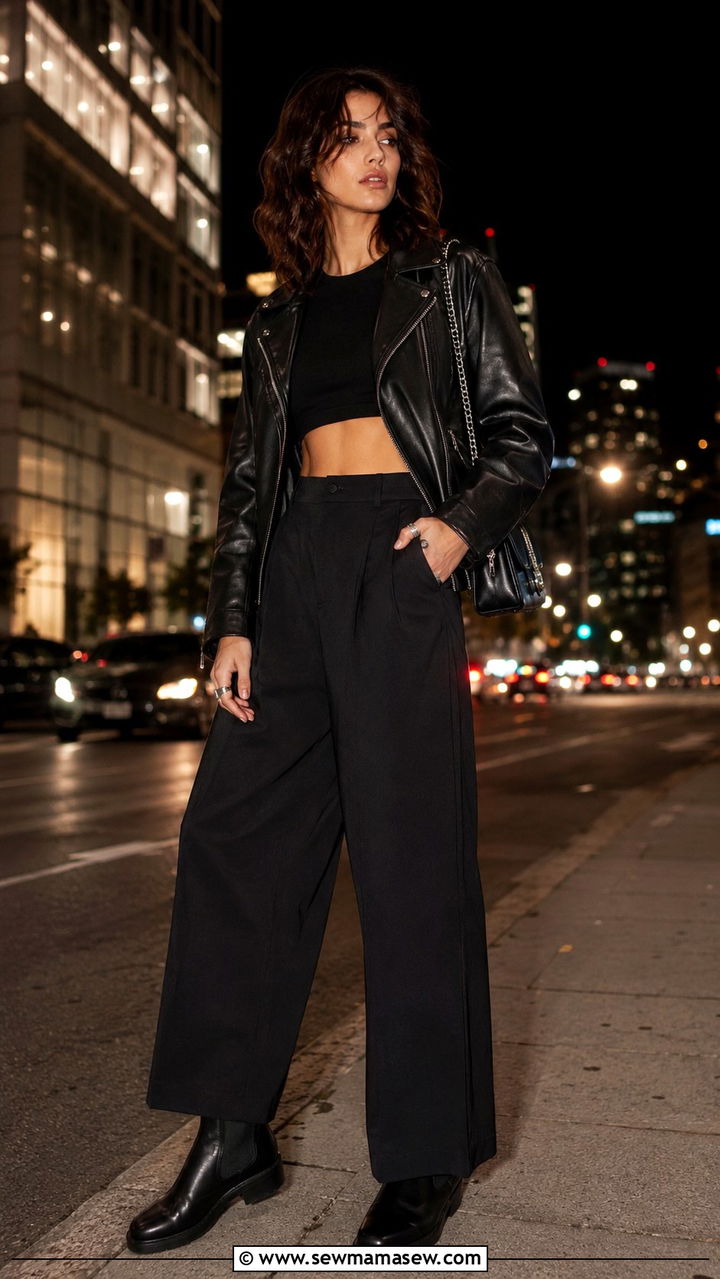 Leather Moto Jacket With a Black Crop Top and Black Wide Leg Pants and Chelsea Boots - 25 Wide leg black pants outfit ideas with a crop top