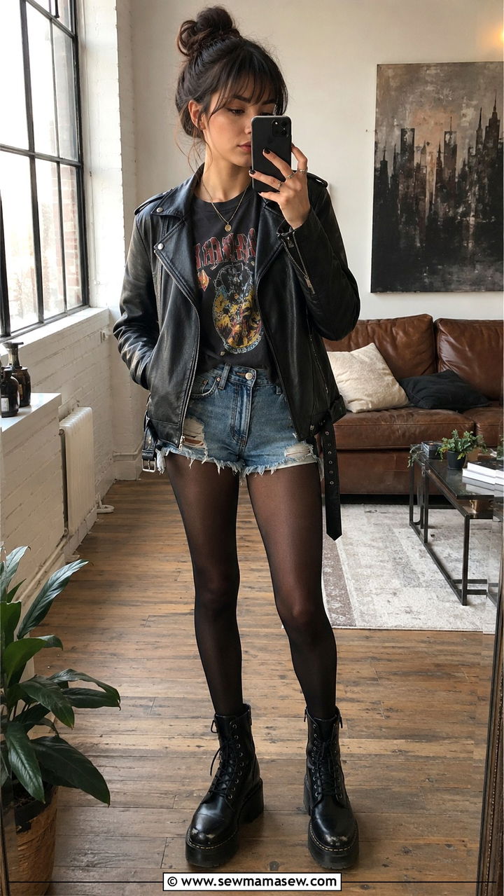 Leather Moto Jacket and Band Tee Grunge Outfit - 20 grunge capsule wardrobe outfits
