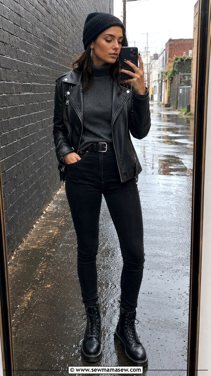 Leather Moto Jacket with Dark Denim and Combat Boots - 25 rainy day outfits inspo