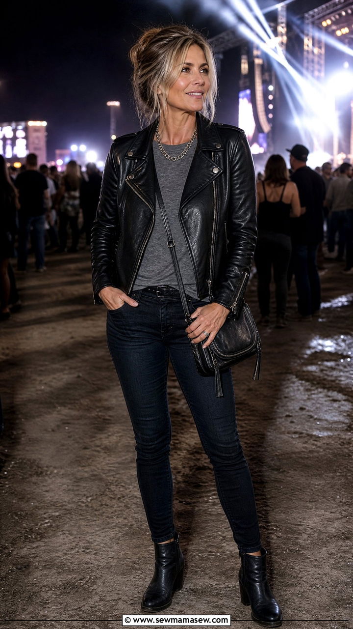 Leather Moto Jacket with Dark Jeans and Ankle Boots Festival Outfit - 30 music festival outfits for women over 40