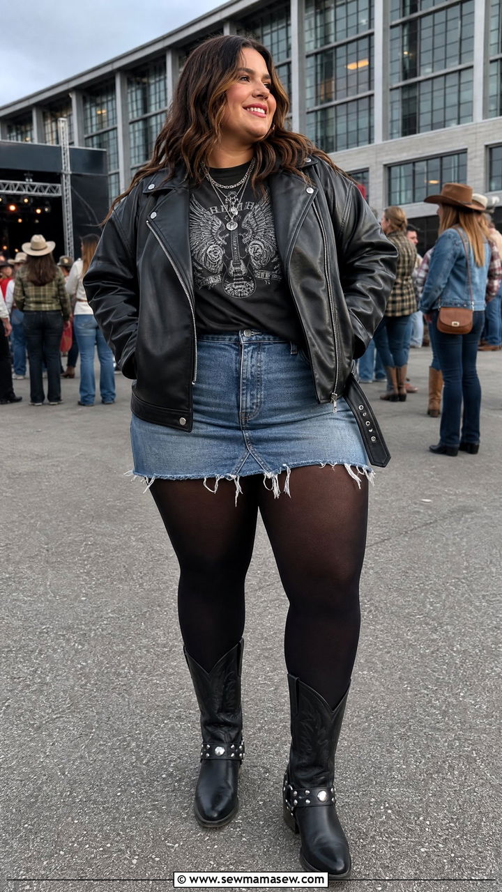 Leather Moto Jacket with Denim Skirt and Band Tee - 30 Country concert outfit ideas plus size