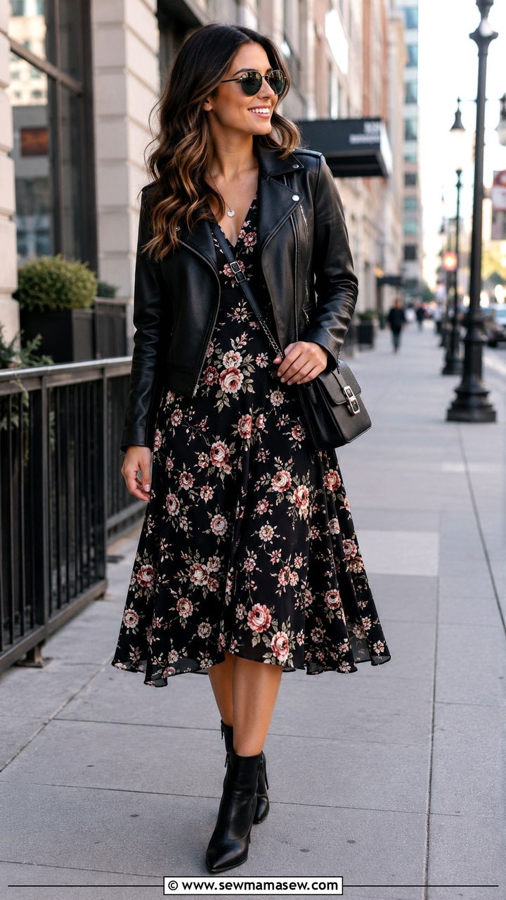 Leather Moto Jacket with Fit and Flare Dress Outfit - 25 Outfit ideas for hourglass figure 2026