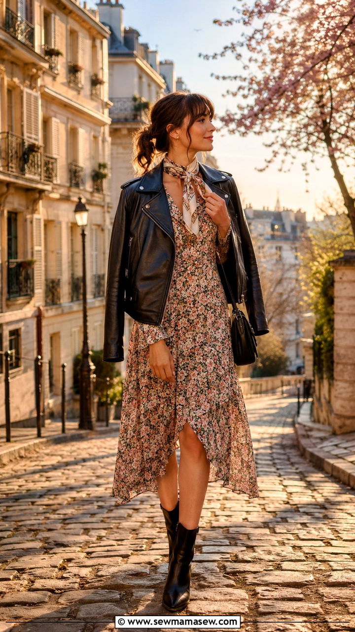 Leather Moto Jacket with Floral Dress and Ankle Boots - 30 spring paris trip outfit ideas
